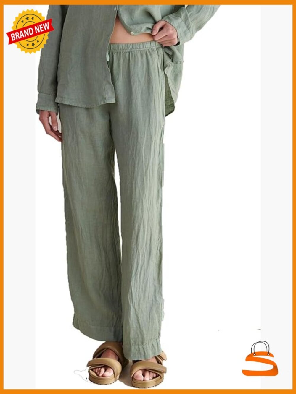 Woven Linen Drawstring Straight Leg Pants Mid Rise